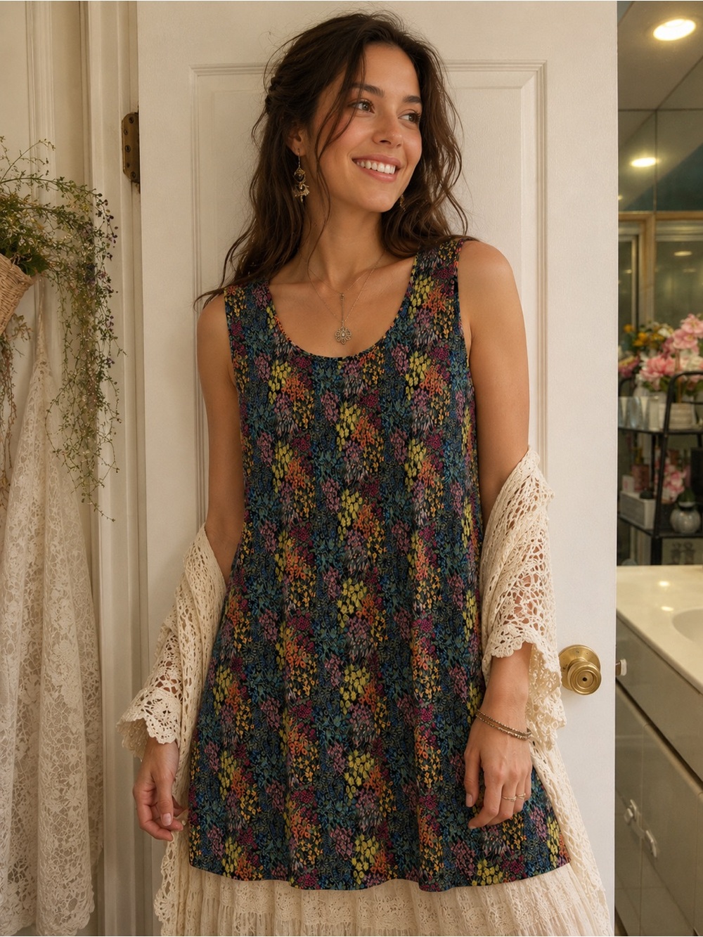 Jane & Delancey Floral Sleeveless Tunic Mini Dress/ Blouse/ long flowy tank, L